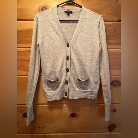 J.Crew Embellished Jewel Grey Cardigan 100% Merino Wool. Women’s size Medium. - Picture 1 of 12